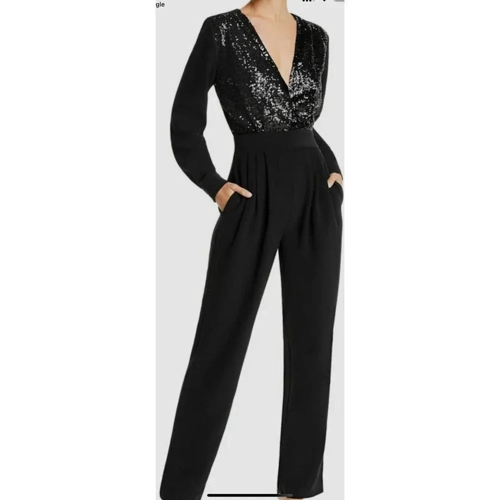 Lini Womenโs Black Sequin Embellished Long-Sleeve V-Neck Jumpsuit Size S